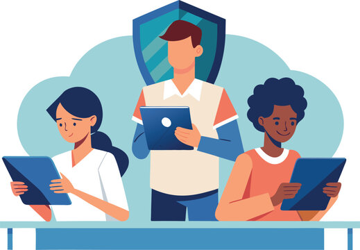 Diverse students learn digital safety using tablets in a modern, bright classroom, promoting responsible technology use.
