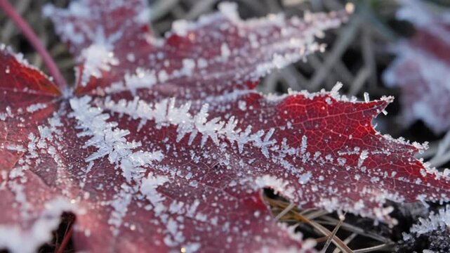 A close-up image of a red maple leaf covered in frost