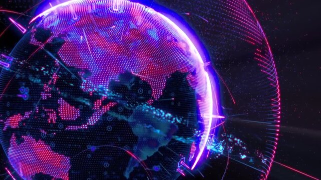 Digital globe with neon lights and data visualization