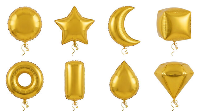 Golden foil balloon set including round, star, moon, cube, ring, cylinder, teardrop, and diamond shapes isolated. Festive party decoration collection.