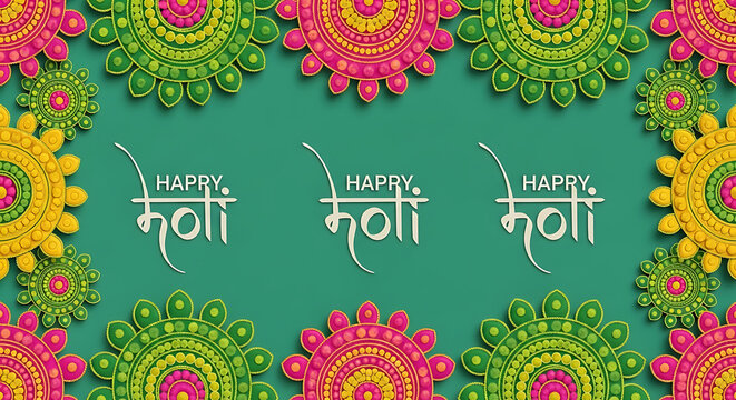 A Repeating Pattern of Traditional Indian Rangoli and Mandana Motifs in Holi Colors, with the Phrase "Happy Holi" Integrated as Devanagari Calligraphy within the Design, on a Solid Teal Green Backgrou