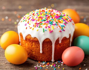 Easter cake with white icing and colored sprinkles. Orthodox Easter food