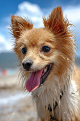 海辺で楽しそうに笑うポメラニアン
