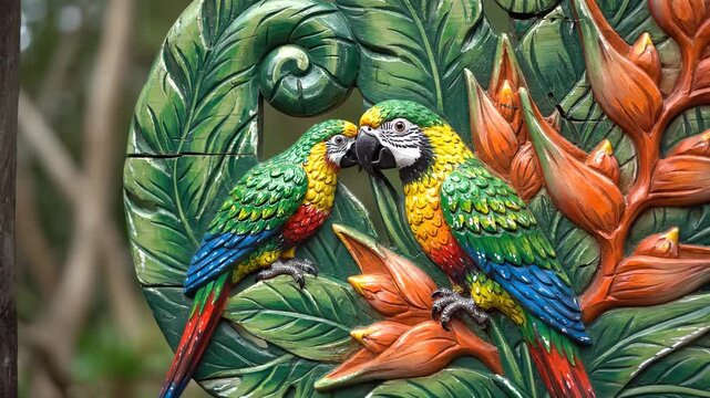 The vibrant scene features two colorful parrots perched among vivid flowers. These parrots are intricately carved, showcasing a rich blend of colors in the detailed artwork.