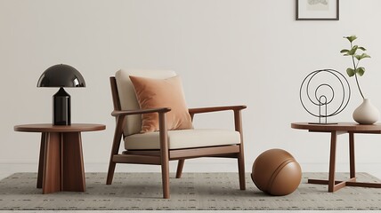 A Modern Minimalist Living Room Scene Featuring A Stylish Armchair And Side Tables