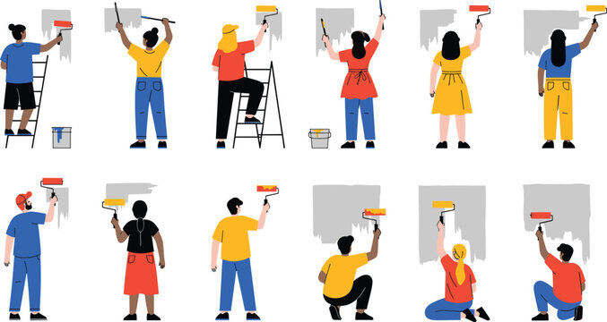People painting walls collection with rollers, ladders and home renovation work activities flat vector illustration