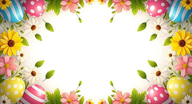 Easter floral border with colorful eggs and flowers