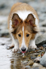 清流の水を飲むシェットランドシープドッグ
