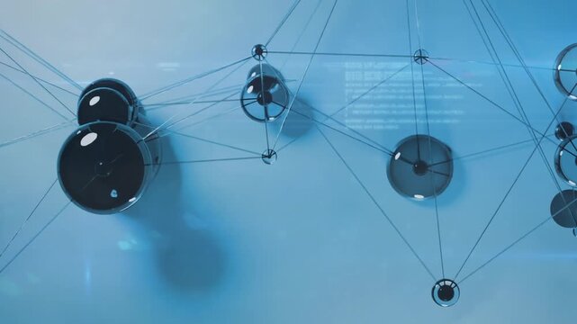 Animation of network of connections over drone with parcel over airport