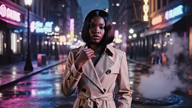 A woman stands in a city street, wearing a trench coat. The neon lights reflect on wet pavement, creating a vibrant atmosphere with smoke rising from nearby manholes.