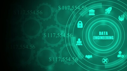 Fototapeta premium Data engineering concept with green neon and dollar amounts green neon gears lock