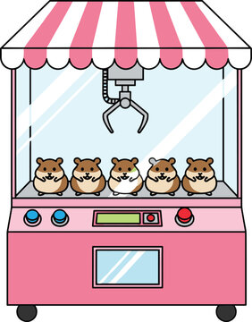 Cute Arcade Claw Machine with Hamster Plush Toys Inside Pink Crane Game Cabinet Cartoon Vector Illustration