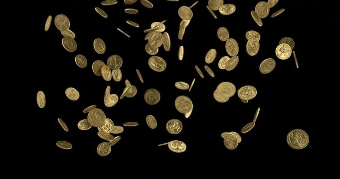 Falling and rotating gold dollar coins in slow motion footage with alpha channel (ProRes, 4K only). 3D FX animation.
