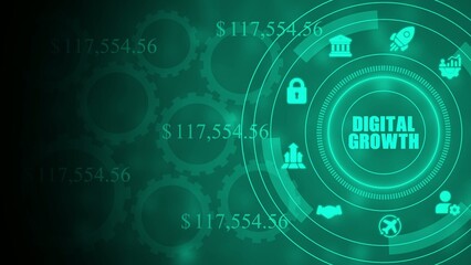Obraz premium Digital growth concept with glowing green and financial data gears dollar signs
