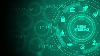 Fototapeta premium Digital intelligence concept with glowing green dashboard and financial data gears