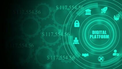 Obraz premium Digital platform concept with glowing green and financial data gears lock