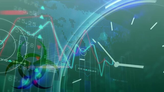 Animation of red shapes and data processing over clock and world map on black background