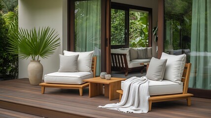 Outdoor living room with comfortable furniture on a wooden deck, surrounded by lush greenery and natural light