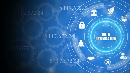 Obraz premium Blue data optimization infographic with white and dollar amounts blue background white gears