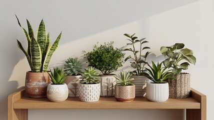 A variety of healthy houseplants in decorative pots displayed on a wooden shelf, creating a natural and serene indoor garden aesthetic