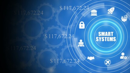 Obraz premium Blue smart systems infographic with white and dollar amounts blue background white gears