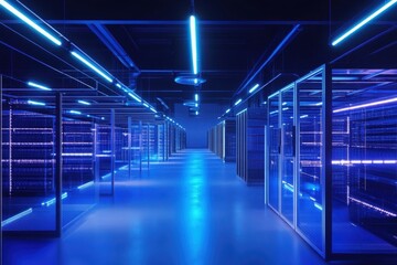 Fototapeta premium Modern data center illuminated by blue lights with organized server racks and clear pathways