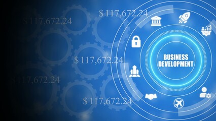 Obraz premium Business development concept with blue background and white gears dollar amounts