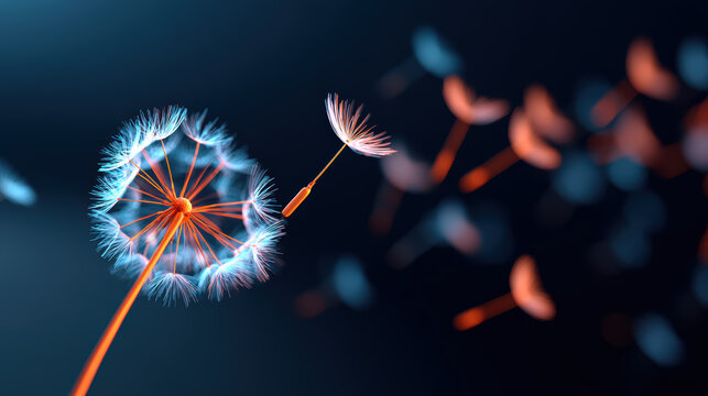 Glowing dandelion seeds float gracefully in wind, illuminated by soft lighting, creating serene and magical atmosphere