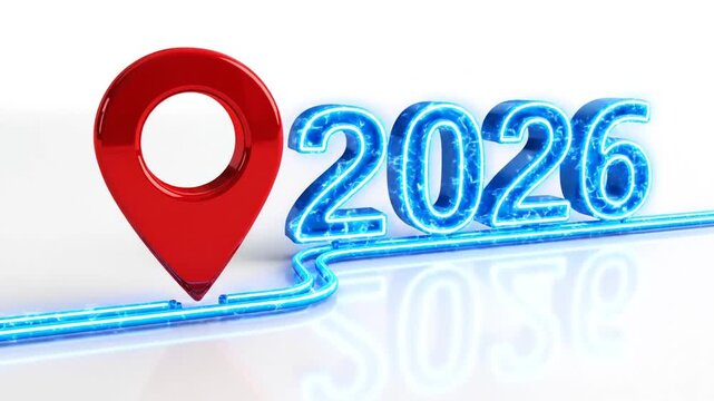 A conceptual visual of destination or future in the year 2026, the image shows a red location marker and futuristic neon blue pathway