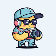 Fototapeta premium Cartoon vector illustration of a smiling photographer with camera.