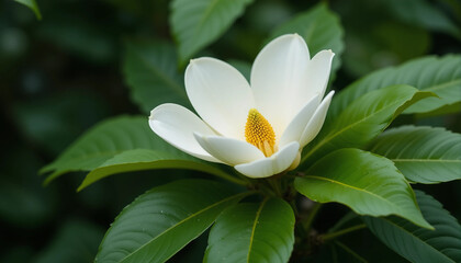 Single white magnolia flower against glossy green leaves, nature, floral beauty, macro photography