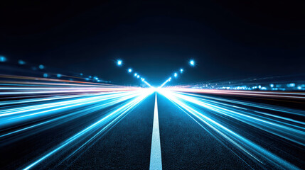 Fototapeta premium Bright streaks of white and blue light illuminate dark road, creating dynamic sense of speed and movement. perspective draws viewer into scene, evoking excitement and energy
