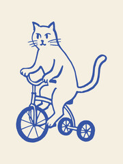 Naklejka premium Cat riding tricycle doodle line art vector illustration