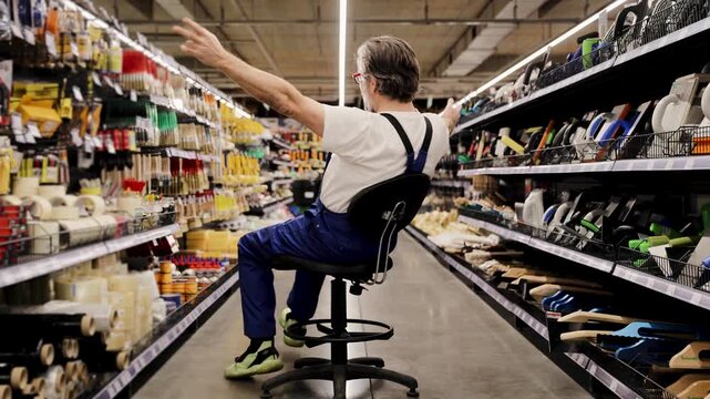 Happy mature worker having fun and cheering, sitting on a chair with arms open in a home improvement store aisle filled with supplies