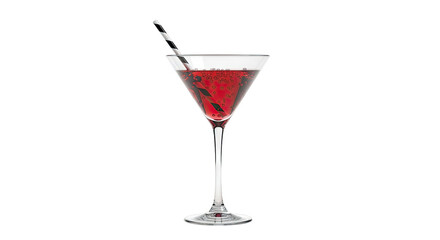 Red cocktail with striped straw in a martini glass