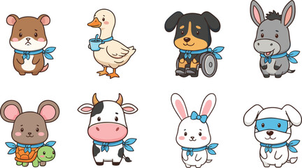 Fototapeta premium Cute animal character collection with blue scarf accessories and friendly cartoon farm and pet animals vector illustration