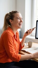 Cheerful young businesswoman sitting at her workplace with young, cheerful, office, workplace, businesswoman, professional, sitting