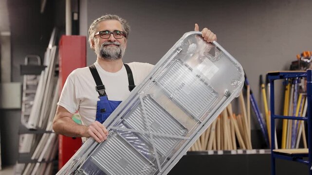 Mature man buying a new stepladder or step stool. He is shopping for renovation supplies and household essentials in a retail store