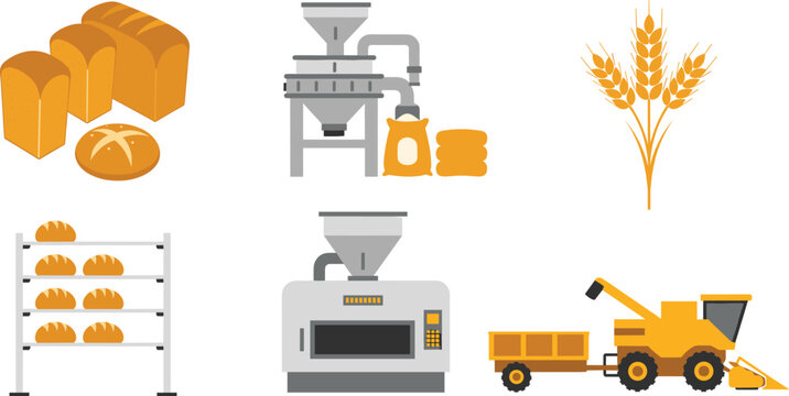 Bread production and bakery industry process collection with wheat, machines and food elements vector illustration