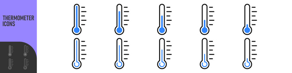 Fototapeta premium Thermometer icon set showing different temperature levels from cold to hot. Ideal for weather apps, climate concepts, temperature control, health indicators, UI design, dashboards and infographics.