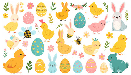 Fototapeta premium Charming Easter collection of bunny and chicks with decorated eggs, flowers, and buzzing bee, cute illustration on white. 