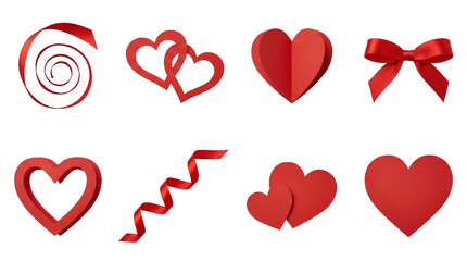Red heart and ribbon set including spiral, paper, bow, and outline variants isolated. Decorative valentines day and wedding collection.