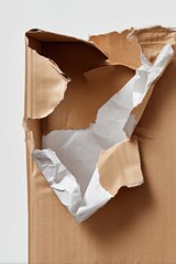 Torn cardboard box with ripped edges and exposed lining