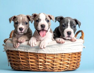 Three adorable puppies in a wicker basket on a blue background