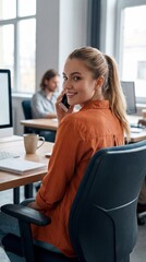 Cheerful young businesswoman sitting at her workplace with professional, businesswoman, workplace, office, cheerful, sitting, young