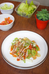 Delicious Loaded French Fries With Fresh Salad And Assorted Sauces