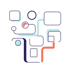abstract geometric line art with square and circle elements connected by colorful paths for technology concept.