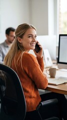 Cheerful young businesswoman sitting at her workplace with businesswoman, cheerful, office, professional, young, workplace, sitting