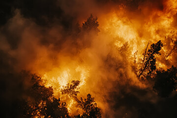 Fototapeta premium An expansive forest fire consumes trees, with flames and smoke filling the landscape