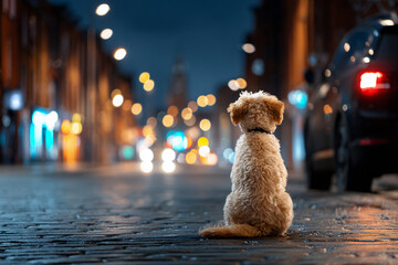 夜の街に一匹で佇む犬の後ろ姿
